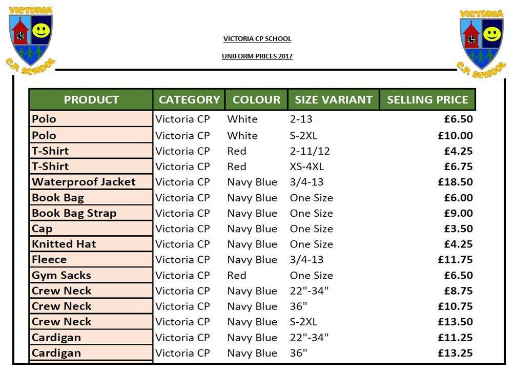 School Uniform Prices 2017 Croeso i Ysgol Fictoria